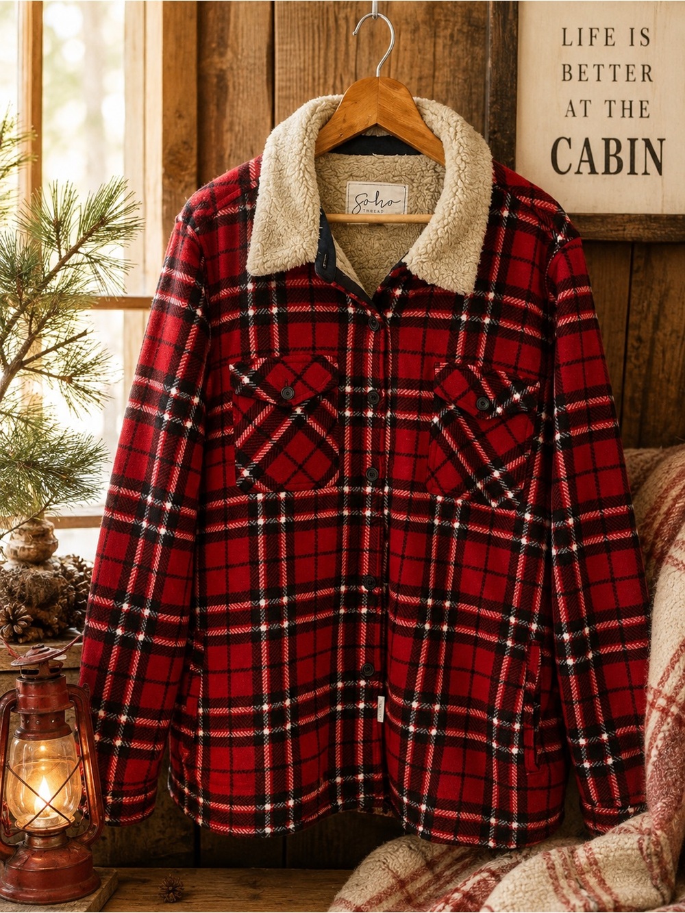 Soho Threads XXL Red Plaid Sherpa-Lined Shirt Jacket | Cabin Core Cozy 🌲